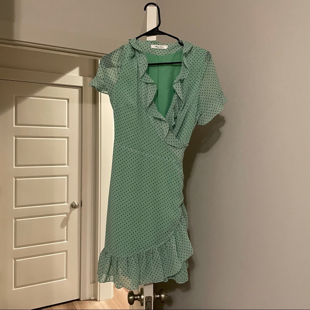 Mint green polka dot dress with ruffles (M)